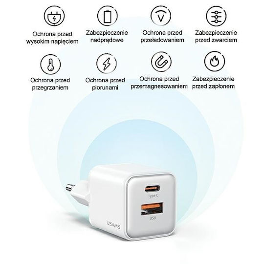 Usams Charger Without Cable with USB-A Port and USB-C Port 30W Power Delivery Blacks (CC189)