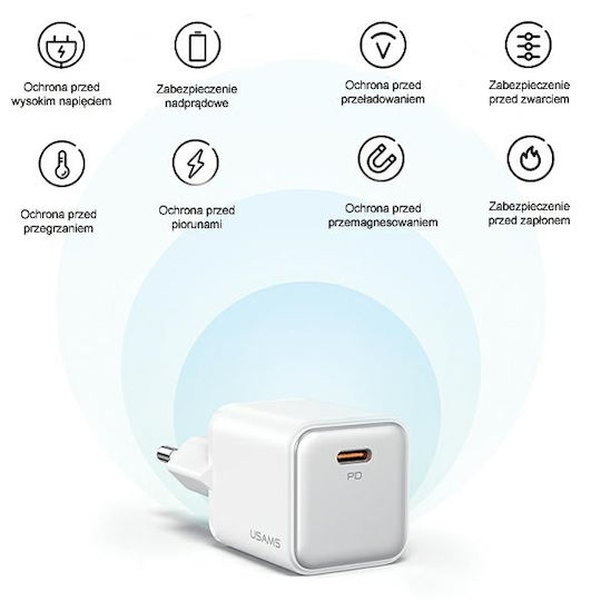 Usams Φορτιστής Χωρίς Καλώδιο με Θύρα USB-C 30W Power Delivery Μωβ (CC186)
