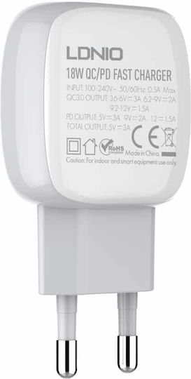 Ldnio Φορτιστής με Θύρα USB-A και Θύρα USB-C και Καλώδιο Lightning 18W Power Delivery / Quick Charge 3.0 Λευκός (A2313C)