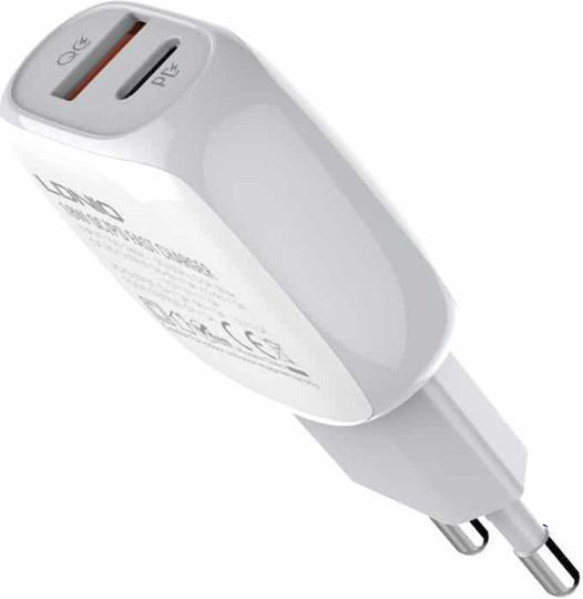 Ldnio Φορτιστής με Θύρα USB-A και Θύρα USB-C και Καλώδιο Lightning 18W Power Delivery / Quick Charge 3.0 Λευκός (A2313C)