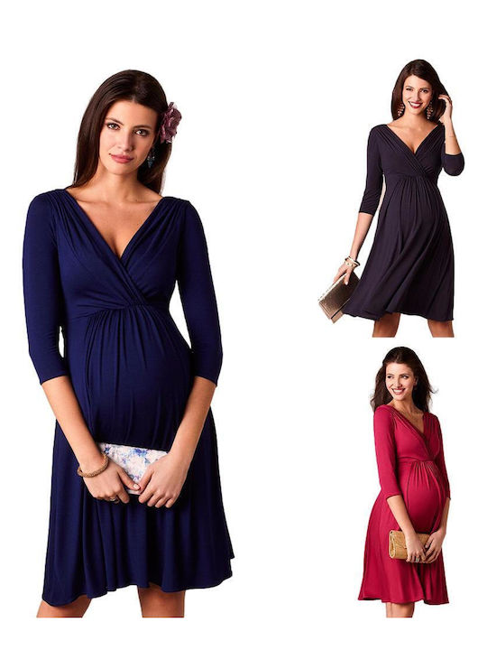 Women's Midi Pregnancy and Breastfeeding Dress with V - Blue (Polyester)