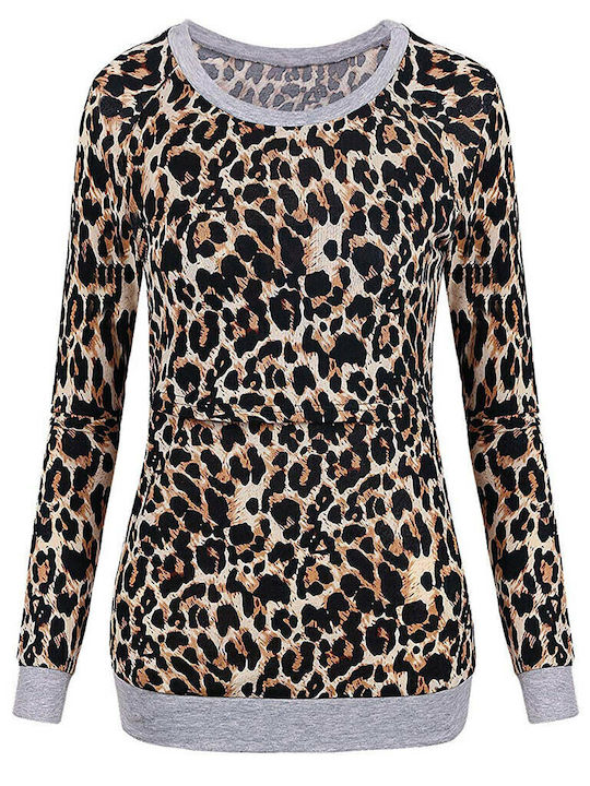 Women's long-sleeved nursing blouse animal print brown (polyester)