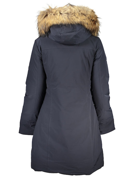 Woolrich Women's Long Lifestyle Jacket for Winter with Hood Blue.