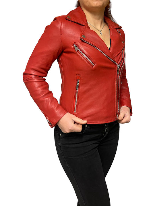 Δερμάτινο Γυναικείο Biker Jacket Κόκκινο