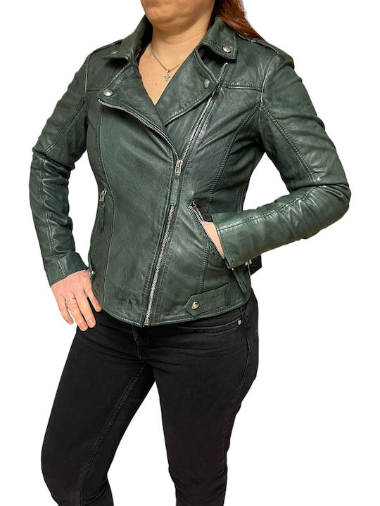 Women's Short Biker Leather Jacket for Spring or Autumn Green