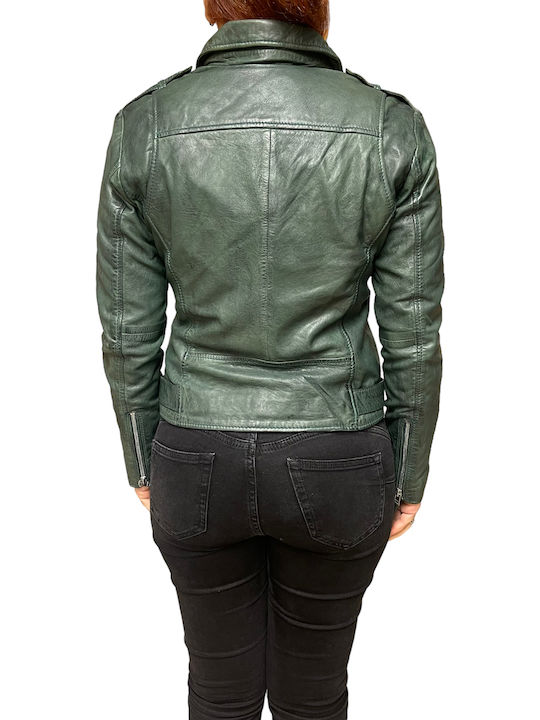 Women's Short Biker Leather Jacket for Spring or Autumn Green