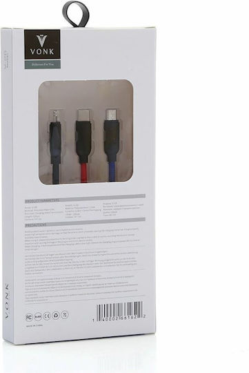 Vonk V26 Geflochten USB zu Blitzschlag / Typ-C,TC-TC / Micro-USB Kabel 2.1A Schwarz 1.2m (3in1)