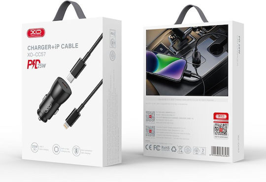 XO Φορτιστής Αυτοκινήτου 25W 2A με μία Θύρα: 1xUSB μαζί με Καλώδιο Lightning Μαύρος