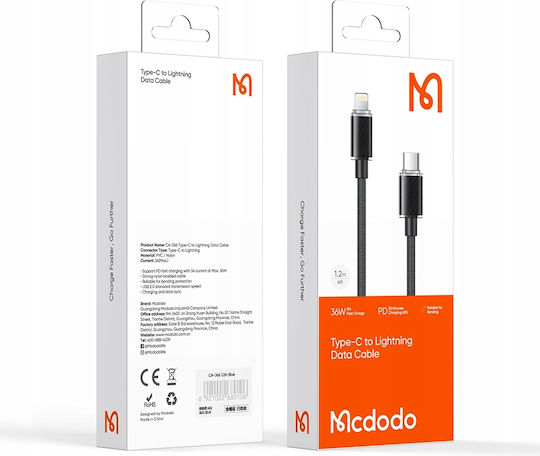 Mcdodo Braided USB-C to Lightning Cable 36W Μαύρο 1m (CA-3660)