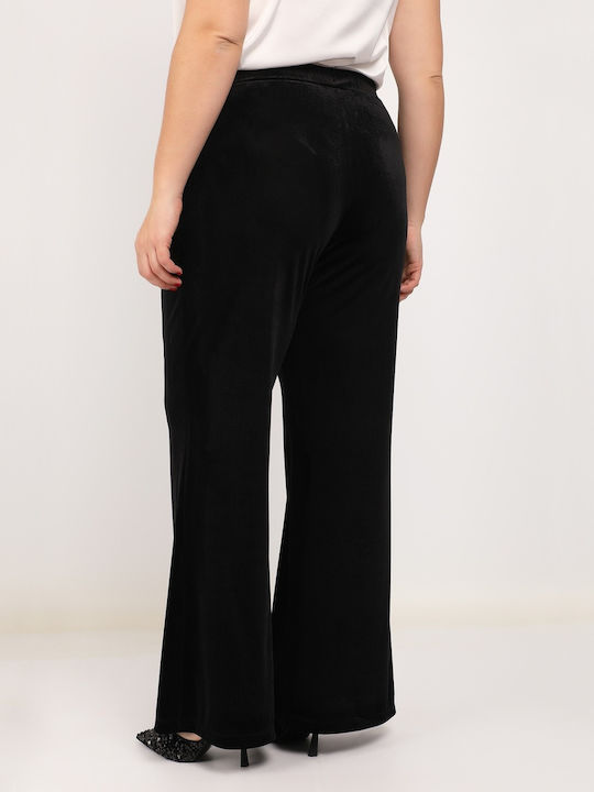 Women's Fabric Trousers with Elastic Black with Sequins