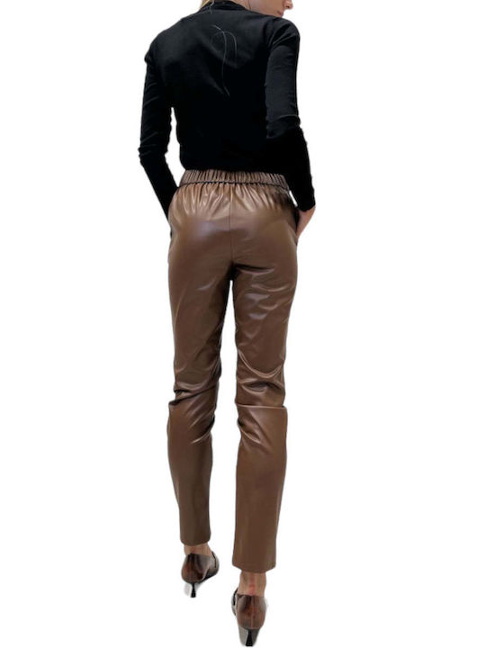 Emme Marella Women's Leather Trousers with Elastic Brown