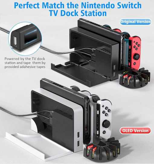 KDD 001 Βάση για 4 χειριστήρια Switch / Switch OLED Σταθμός φόρτισης χειριστηρίου | 8 θήκες αποθήκευσης παιχνιδιών Μαύρη 1000-42070154