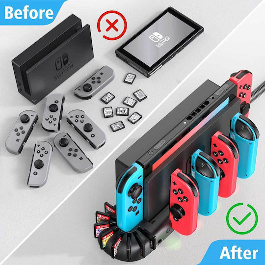 KDD 001 Βάση για 4 χειριστήρια Switch / Switch OLED Σταθμός φόρτισης χειριστηρίου | 8 θήκες αποθήκευσης παιχνιδιών Μαύρη 1000-42070154