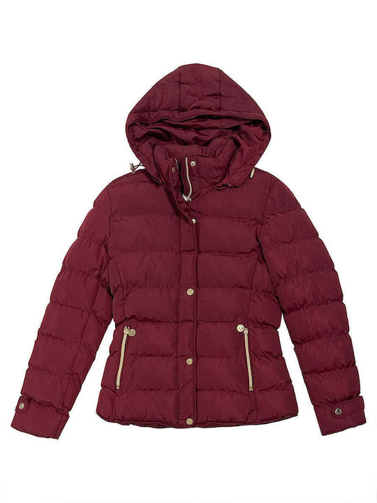 Ustyle Women's Short Puffer Jacket for Winter with Hood burgundy