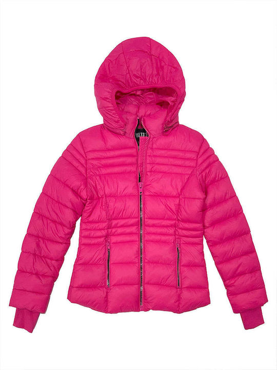 Ustyle Women's Short Puffer Jacket for Winter with Hood Fuchsia