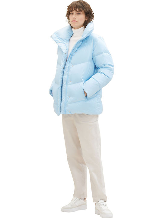 Women's Short Puffer Jacket for Winter Αzure blue.