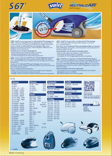 Swirl S 67 Neutralizair Торби за прахосмукачка 4бр Съвместима с прахосмукачка Siemens / Bosch