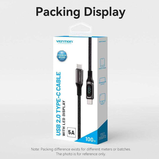 Vention LED USB 2.0 Cable USB-C Male - USB-C 100W PD Black 1.2m