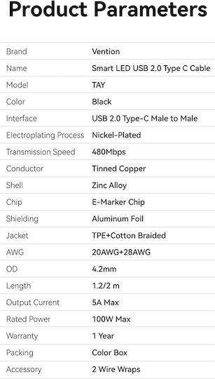Vention LED USB 2.0 Cable USB-C Male - USB-C 100W PD Black 1.2m