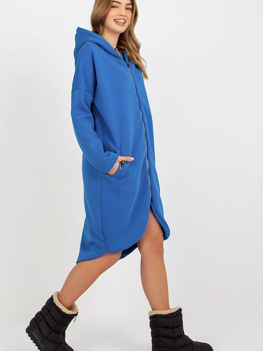 Rue Paris Women's Long Hooded Cardigan Blue