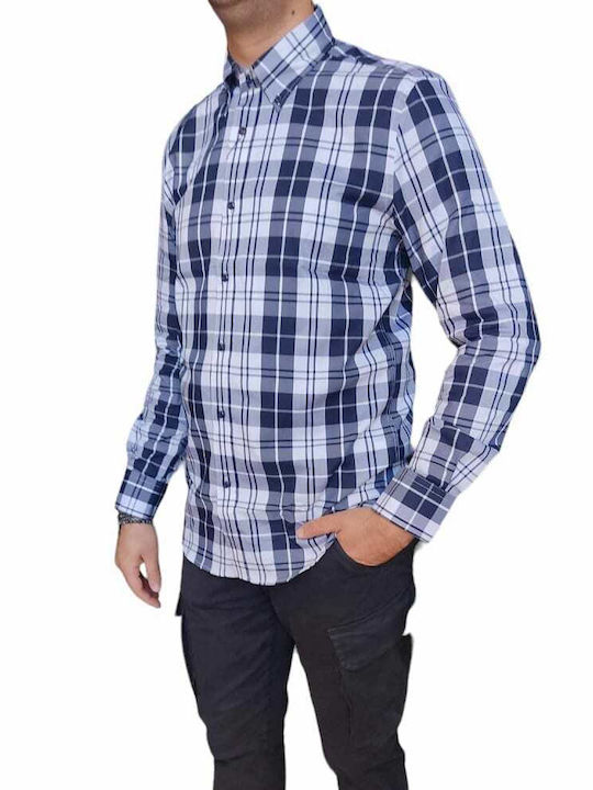 Frank Tailor Men's Shirt Long Sleeve Cotton Checked Blue