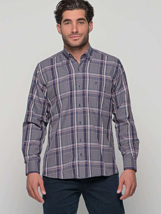 Bradley Men's Shirt Long Sleeve Checked Grey-Blue