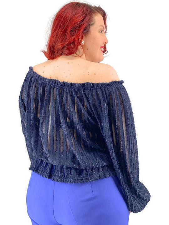 Plus Size Γυναικεία Μπλούζα Off-Shoulder Μακρυμάνικη Μπλε