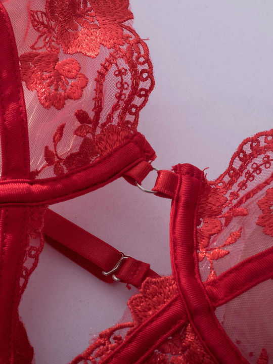La Lolita Amsterdam Sexy Κορμάκι με Διαφάνεια & Δαντέλα & Ζαρτιέρες Κόκκινο