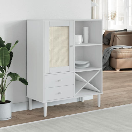 Sideboard made of Solid Wood with Drawers White/Ratan 90x40x112cm