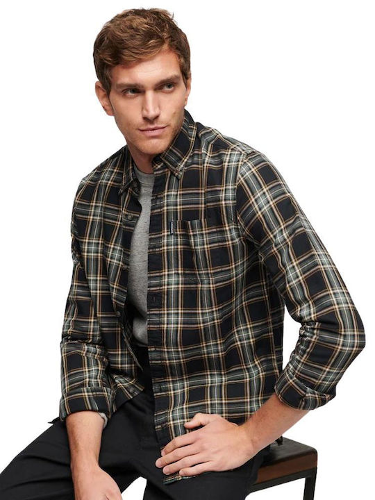 Ovin Vintage Long-sleeved Cotton Shirt in Wide Line Checked Black