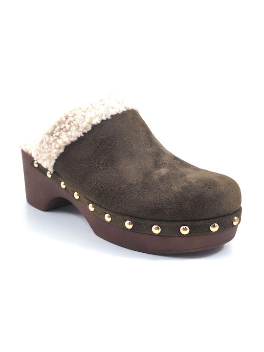 Pegabo Chunky Heel Mules Khaki