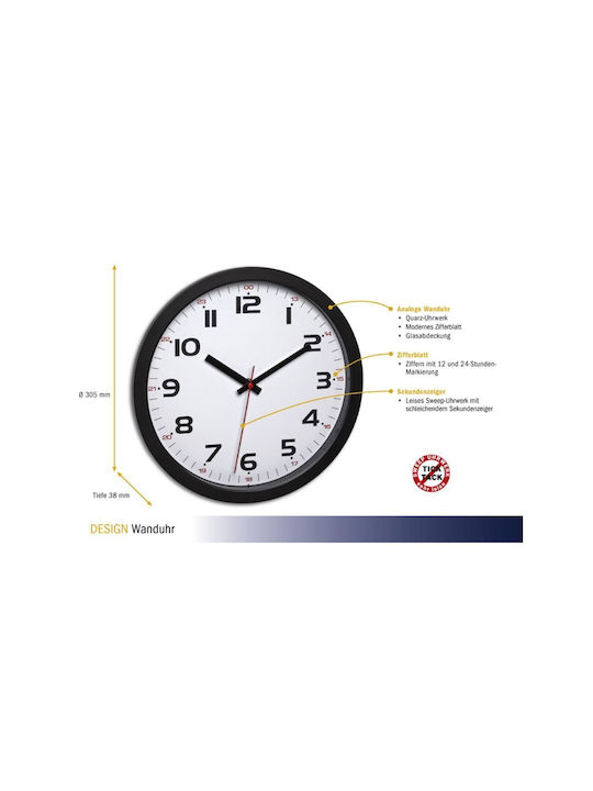 TFA Silent Clock Wall Clock Glass Black 31.5x34.5cm