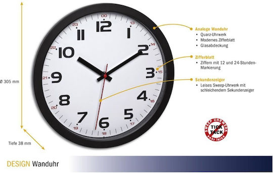 TFA Clock Αθόρυβο Ρολόι Τοίχου Γυάλινο Μαύρο 31.5x34.5cm