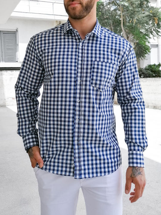 Golf Club Men's Shirt Long Sleeve Cotton Checked Blue.