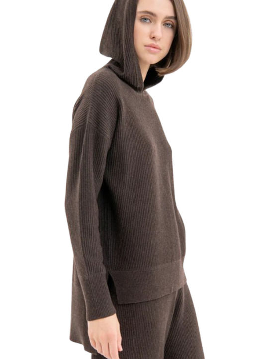 Women's Long Sleeve Sweater with Hood Brown