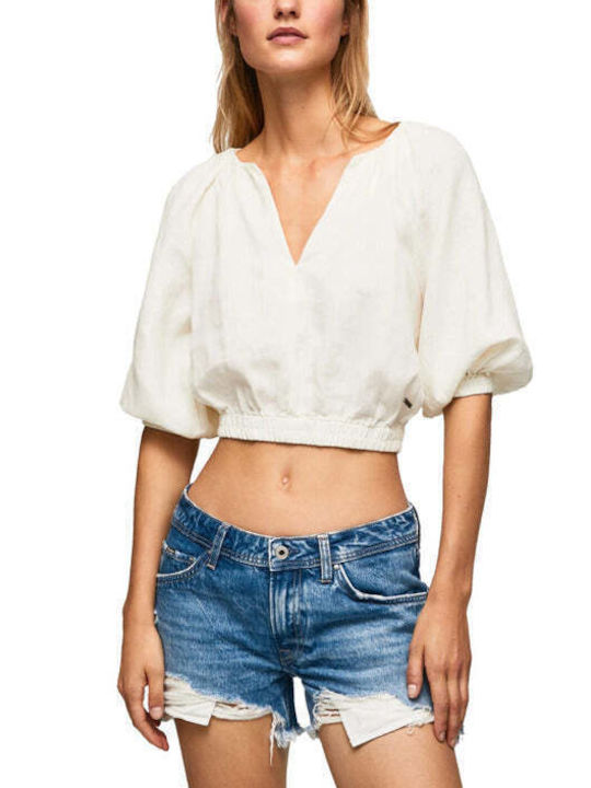 Pepe Jeans Women's Summer Blouse Linen with 3/4 Sleeve & V Neckline White