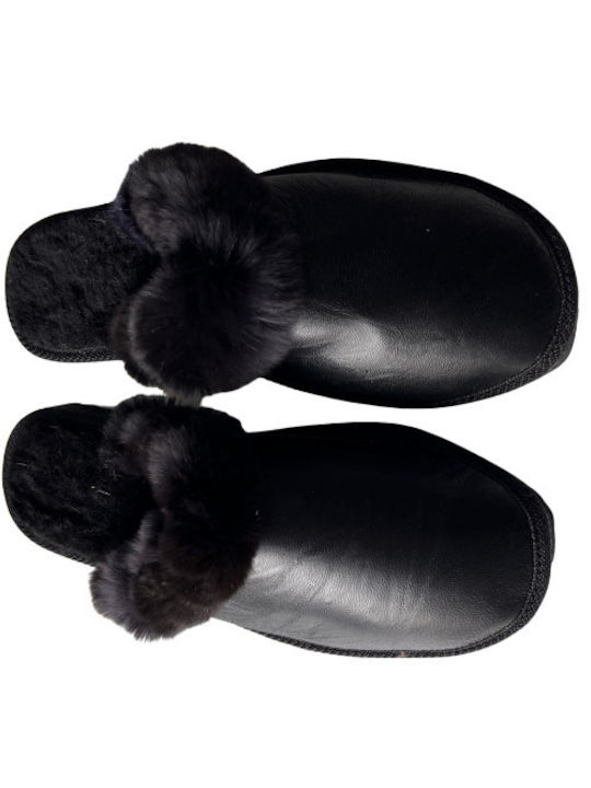 Leatherland Winter Women's Slippers in Negru color