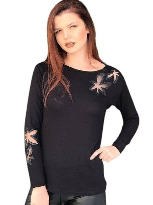 & Damen Bluse Langärmelig Blumen Schwarz