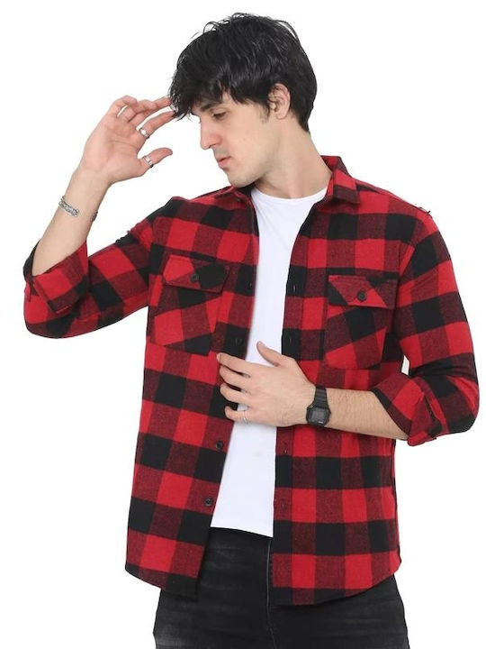 Men's Shirt Long Sleeve Flannel Checked Red