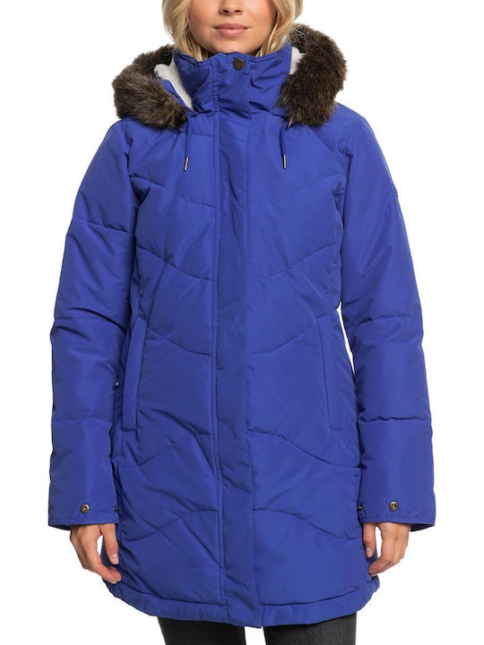 Ellie Women's Long Puffer Jacket Waterproof for Winter with Hood Blue