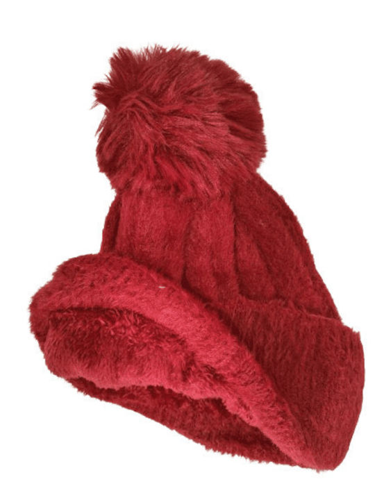 Romvous Pom Pom Beanie Unisex Σκούφος Πλεκτός σε Κόκκινο χρώμα