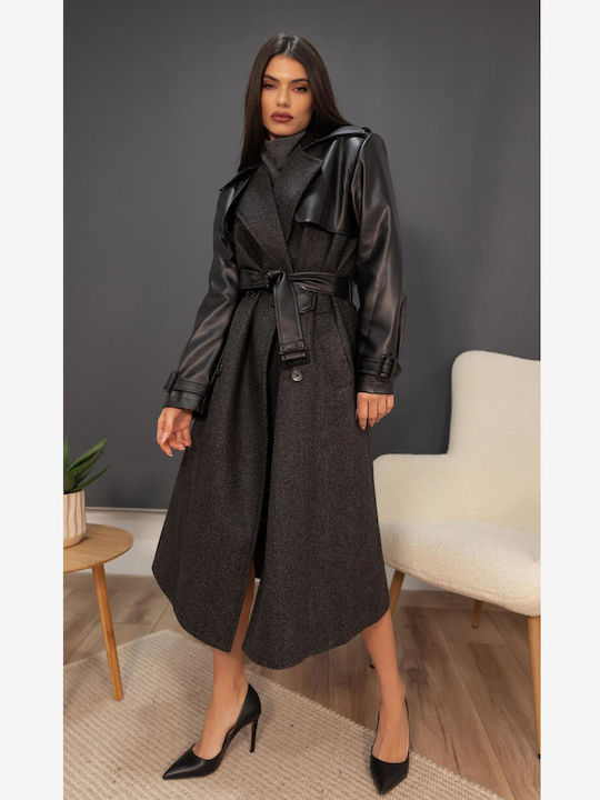 Olian Women's Leather Midi Coat BLACK/GREY