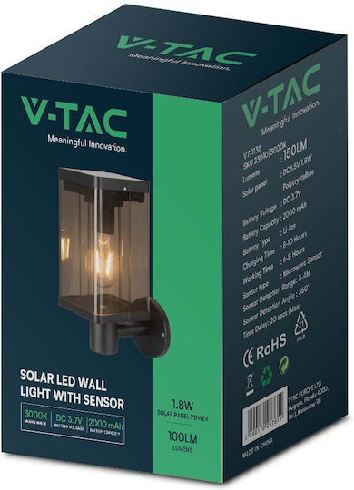 V-TAC Wall Mounted Solar Light 1.8W 100lm Warm White 3000K with Motion Sensor IP54 12cmx18.5cmx26cmcm