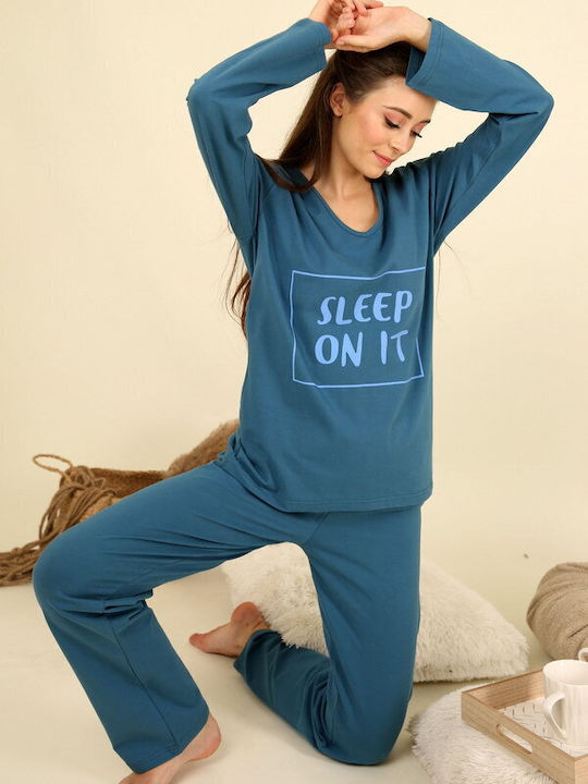 Happy Family Winter Women's Pyjama Set Cotton Petrol