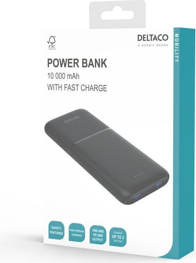 Deltaco Power Bank 10000mAh 18W με 2 Θύρες USB-A και Θύρα USB-C Power Delivery Μαύρο