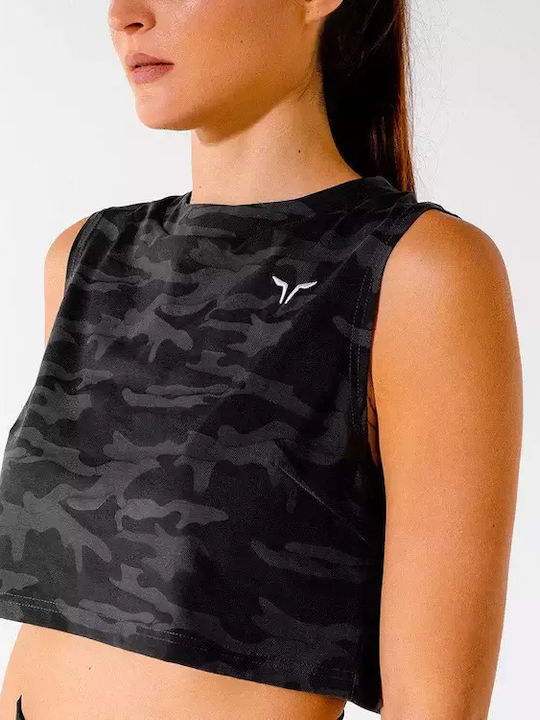 Γυναικείο Αθλητικό Crop Top Αμάνικο με Διαφάνεια Μαύρο