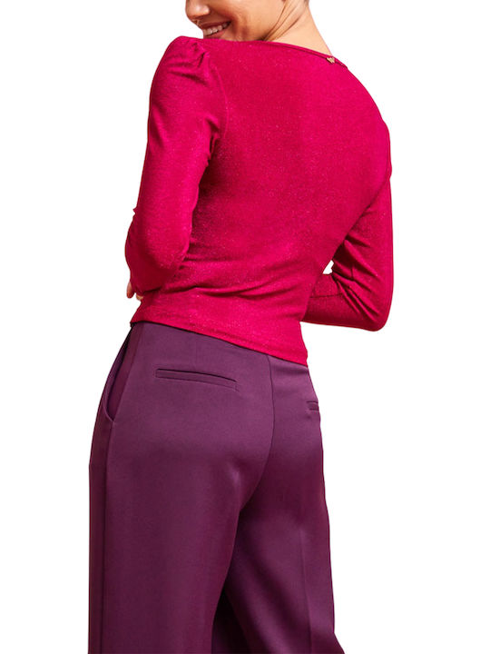 Enzzo Women's Blouse Long Sleeve with V Neckline Fuchsia