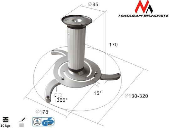 Maclean Energy Projektorhalterung Decke mit maximaler Belastung von 10kg Silber