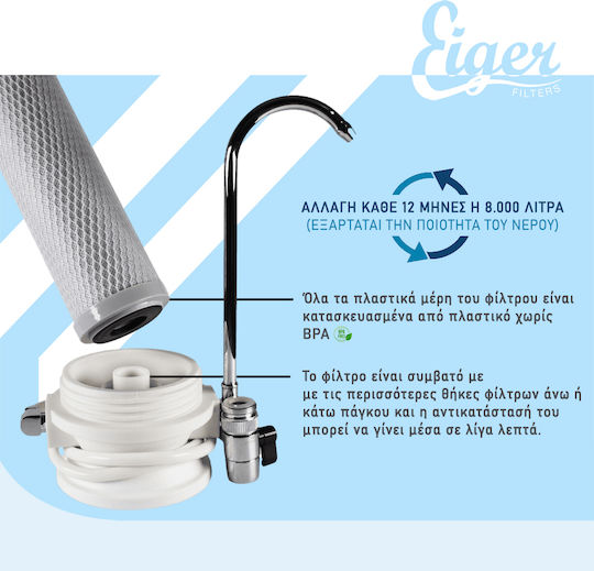 Eiger Уред за филтриране на вода Плот с чешма и резервен филтър Eiger Carbon Block Soft Антимикробен 0,5 μm WF-NT1-MD