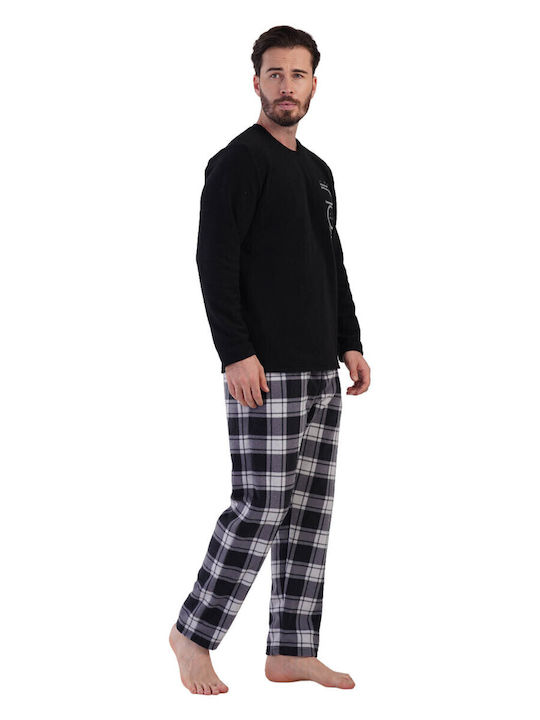 Vienetta Secret Χειμερινή Καρό Ανδρική Μπλούζα Πιτζάμας Fleece Μαύρο